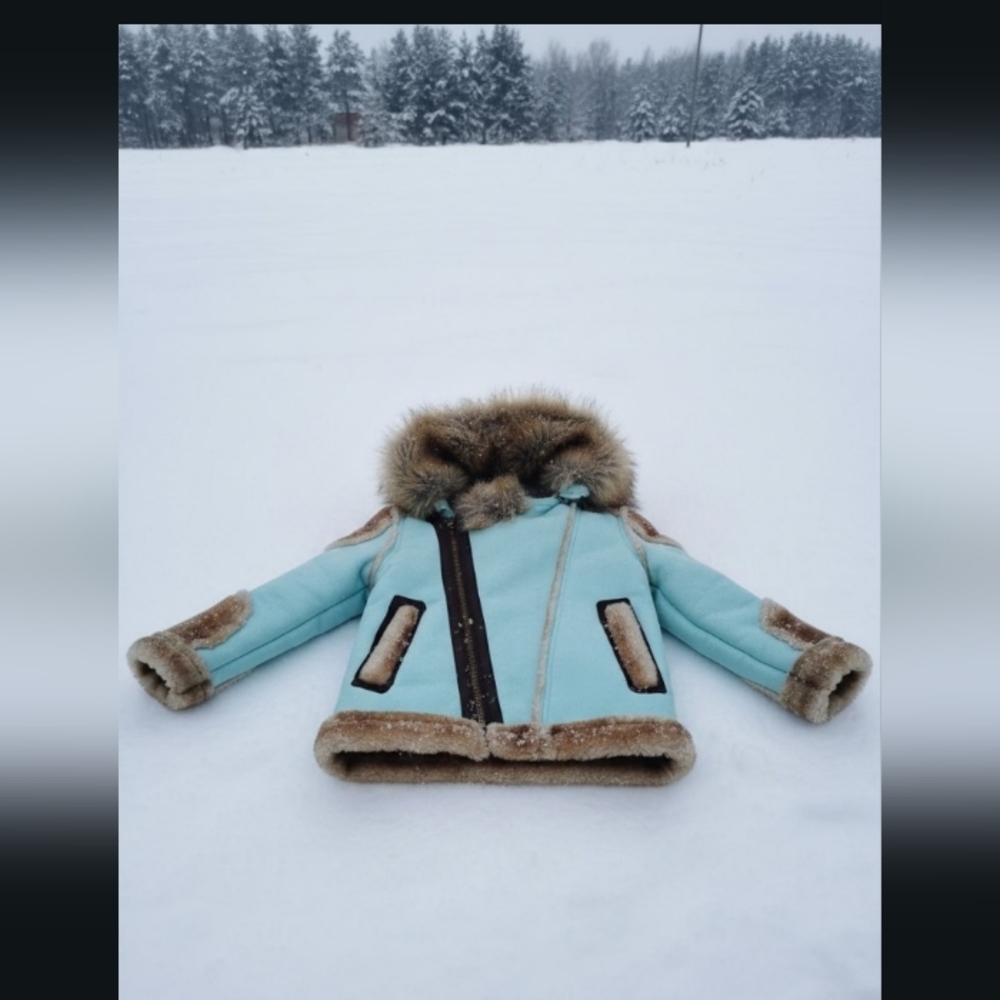 Kids Faux Shearling Jacket in Light Blue and Tan